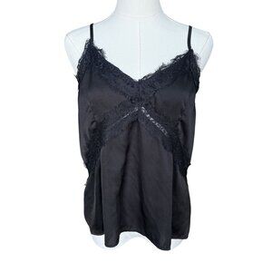 VTG Y2K Eyelash Lace Babydoll Tank Top L Cami Coquette Fairy 90s V-Neck Black